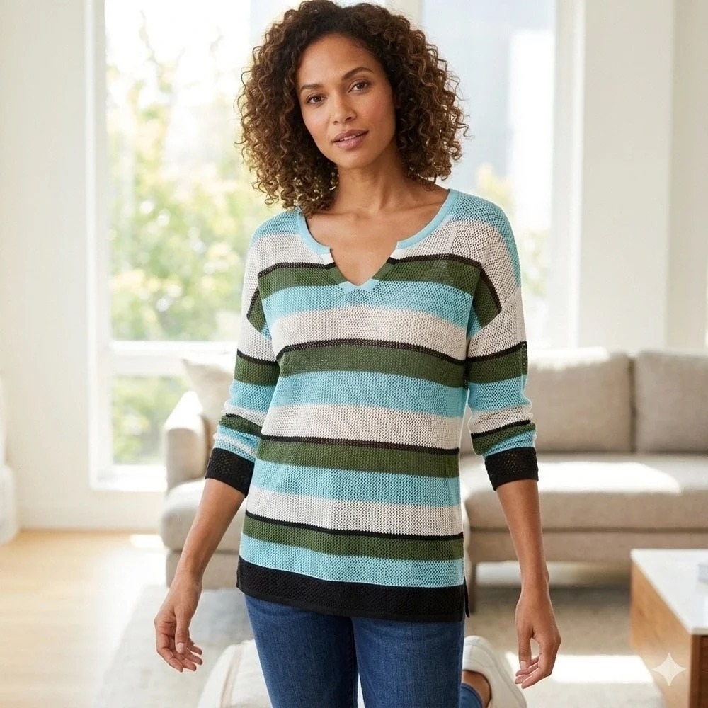 Talbots‎ XL Linen Open Knit Mesh Sweater Aqua Green Stripe Split Neck Beachy NWT